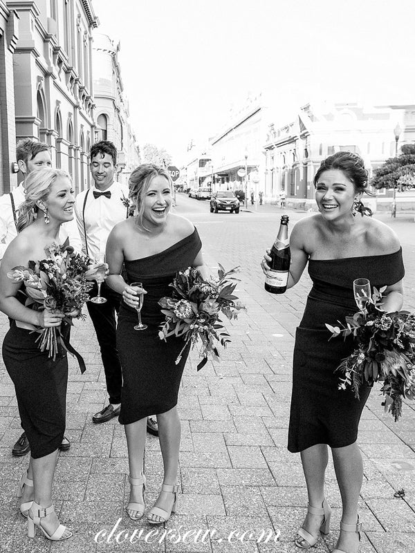 One Shoulder Burgundy Sheath High Low Knee Length Bridesmaid Dresses, clover sew One Shoulder Burgundy Sheath High Low Knee Length Bridesmaid Dresses, clover sew