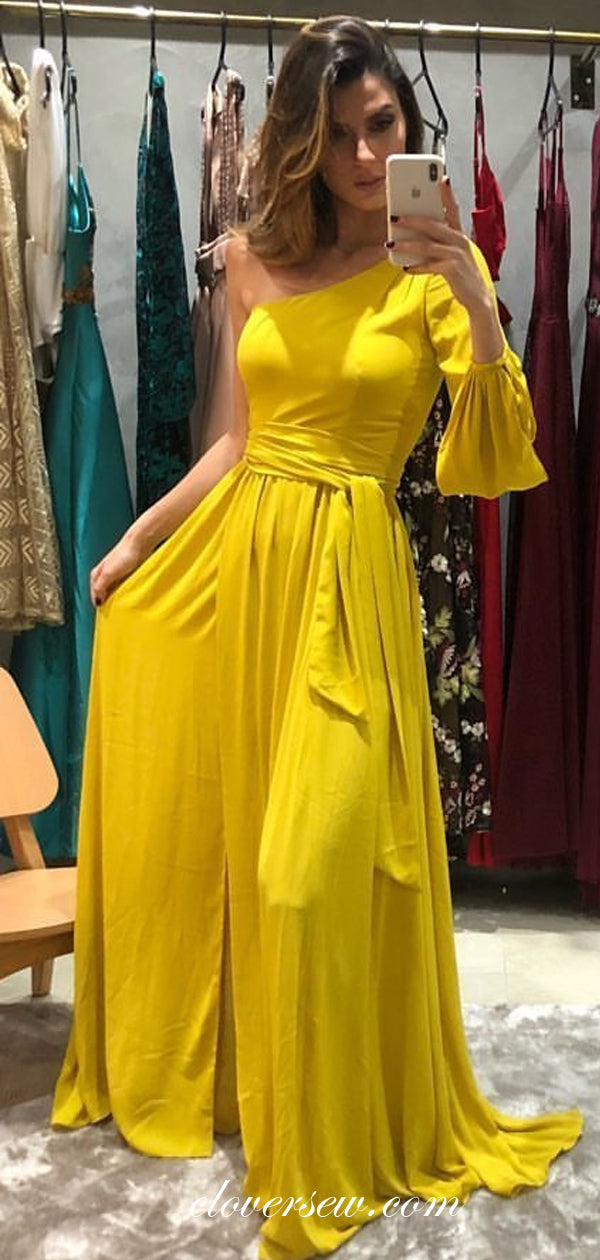 One Shoulder Long Sleeve Yellow Chiffon Prom Dresses,CP0005