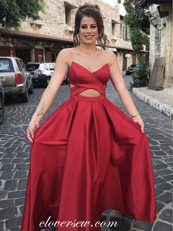Open Waist Strapless Red Satin A-line Prom Dresses, CP0887