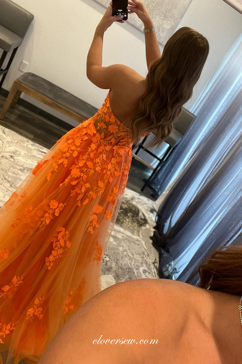 Orange Applique Tulle Strapless A-line Prom Dresses, CP0837