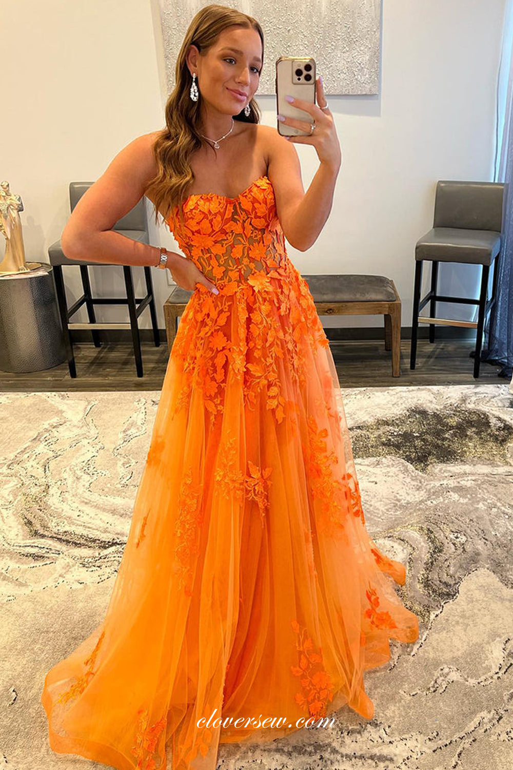 Orange Applique Tulle Strapless A-line Prom Dresses, CP0837 clover sew Orange Applique Tulle Strapless A-line Prom Dresses, CP0837 clover sew
