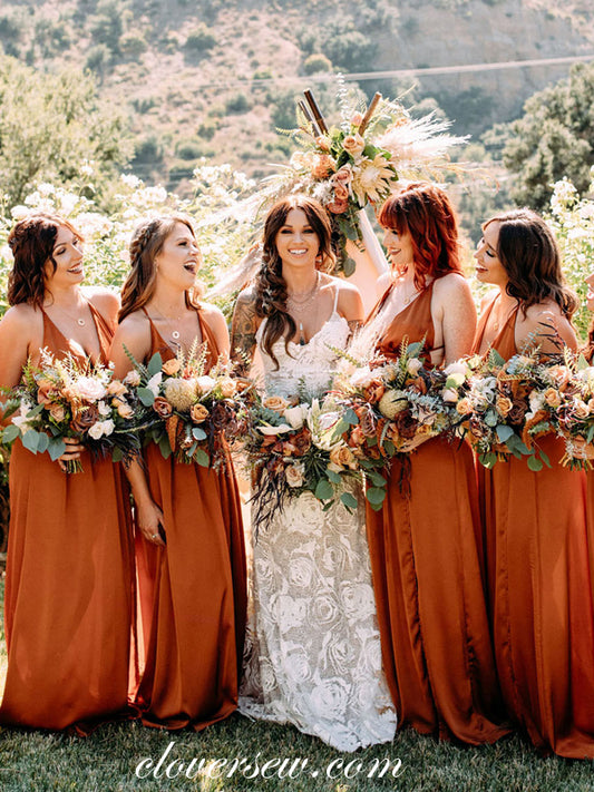 Orange Elastic Satin V-neck Column Backless Bridesmaid Dresses, CB0232