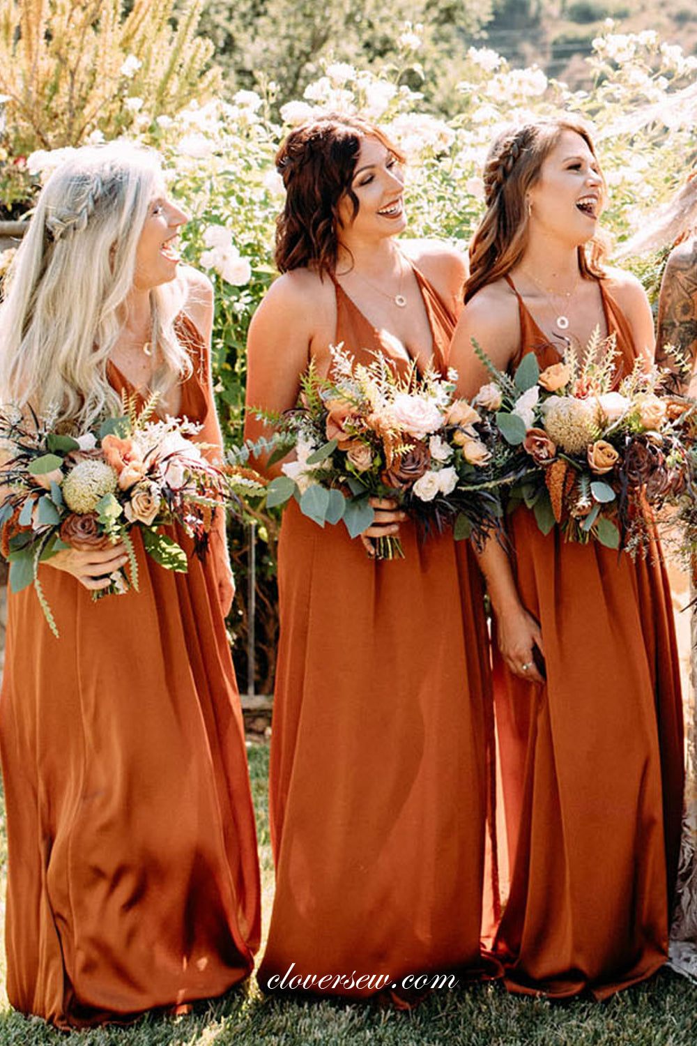 Orange Elastic Satin V-neck Column Backless Bridesmaid Dresses, CB0232