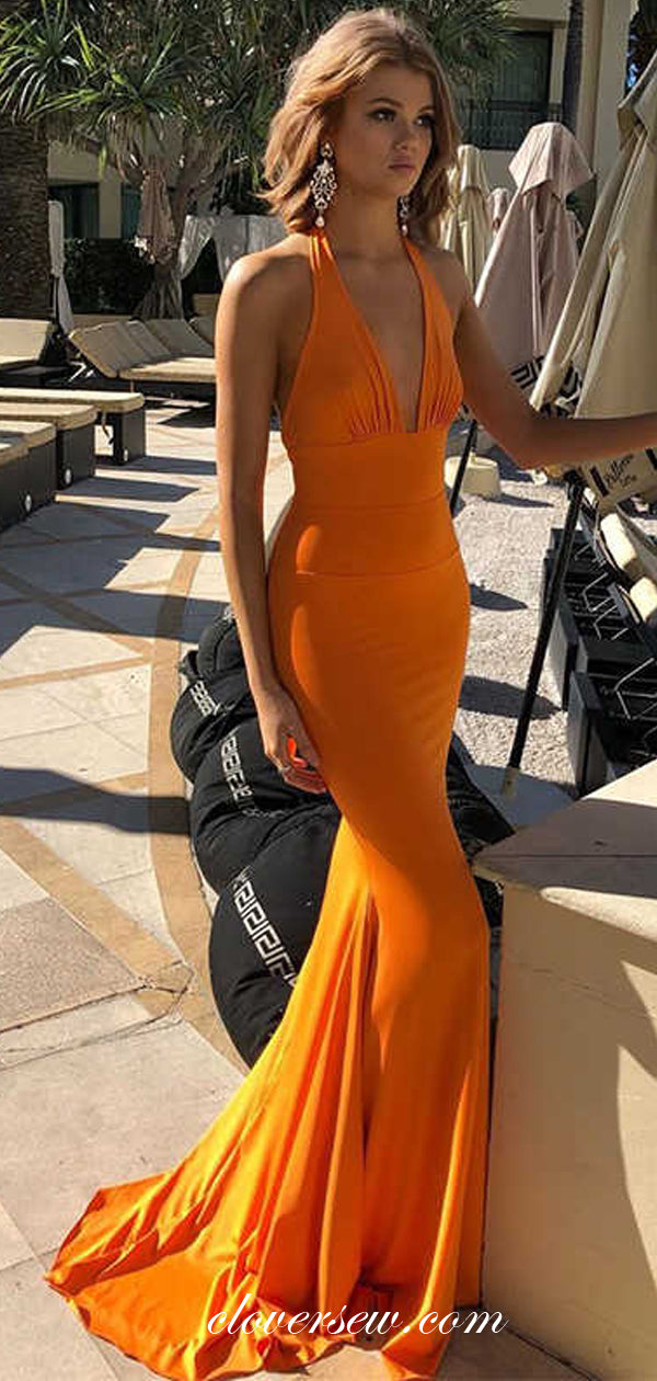 Orange Jersey Halter Sexy Mermaid Backless Party Dresses, CP0565 Orange Jersey Halter Sexy Mermaid Backless Party Dresses, CP0565