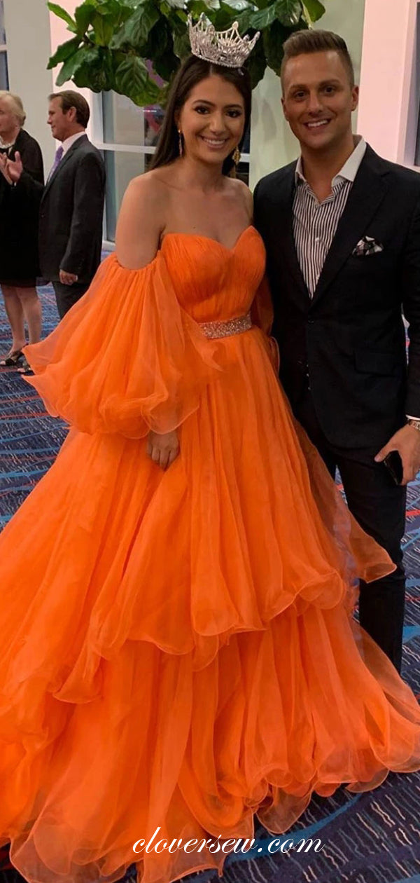Orange Organza Puffy Sleeves Sweetheart Off The Shoulder Prom Dresses, CP0554