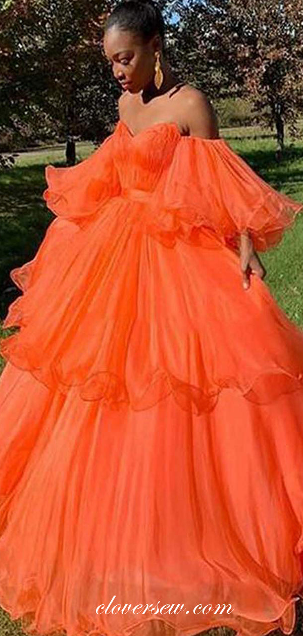 Orange Organza Puffy Sleeves Sweetheart Off The Shoulder Prom Dresses, CP0554