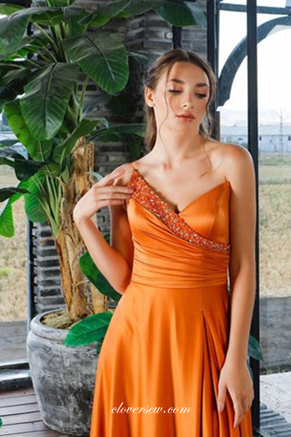 orange satin one shoulder dress Azazie Brooke
