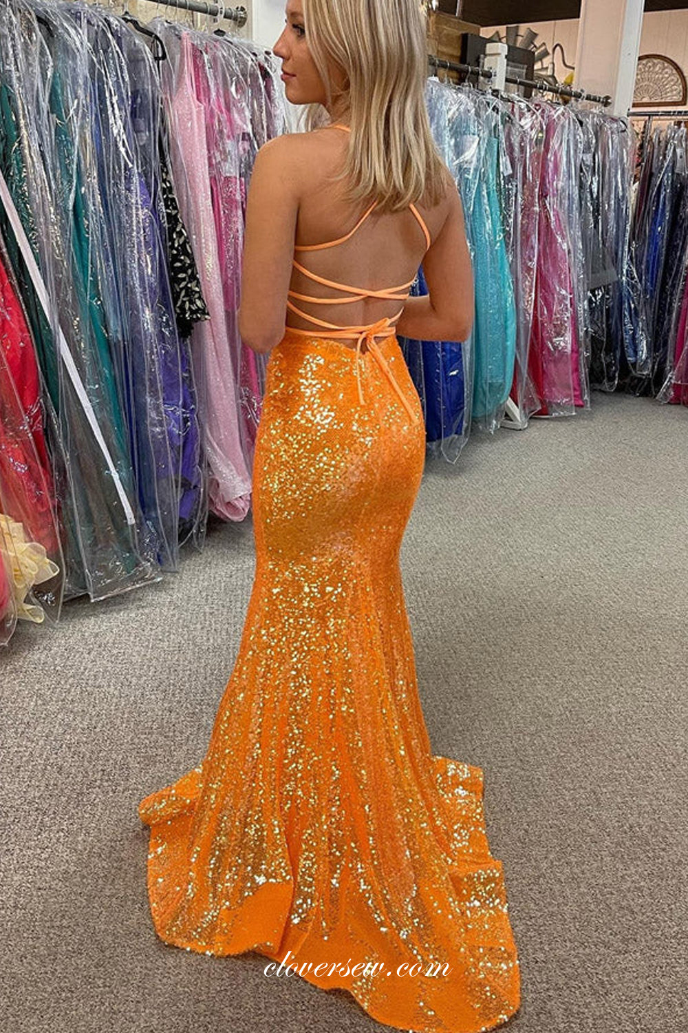 Orange Sequin Spaghetti Strap Lace Up Back Mermaid Prom Dresses, CP0894