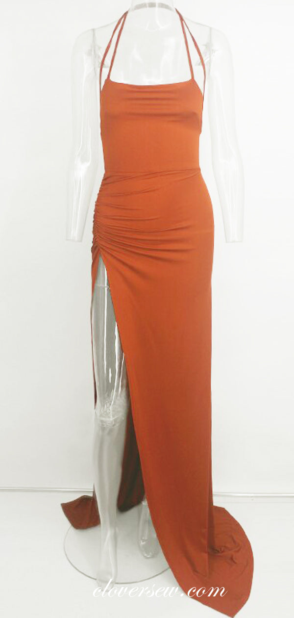 Orange Spaghetti Strap Halter Backless Sexy Evening Party Dresses, CP0558