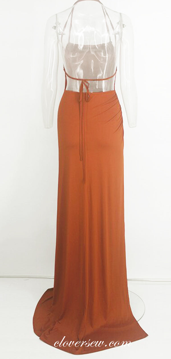 Orange Spaghetti Strap Halter Backless Sexy Evening Party Dresses, CP0558