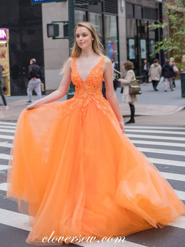 Orange Tulle Applique Sleeveless V-neck A-line Prom Dresses, CP0529