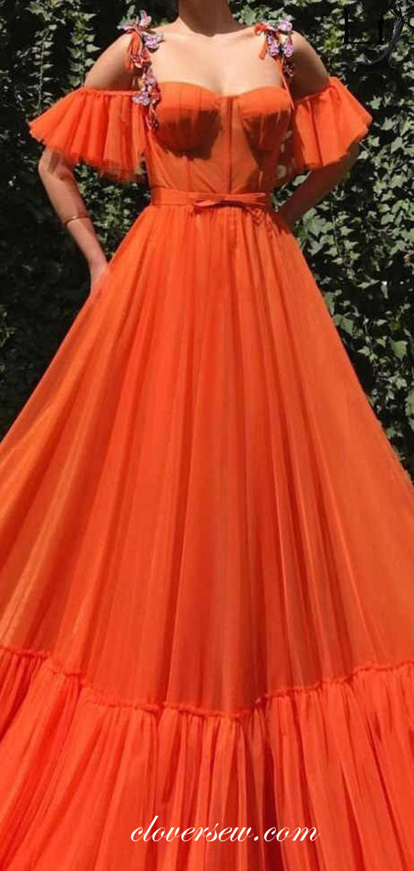 Orange Tulle Off The Shoulder Butterfly Applique Fashion Prom Dresses , CP0498