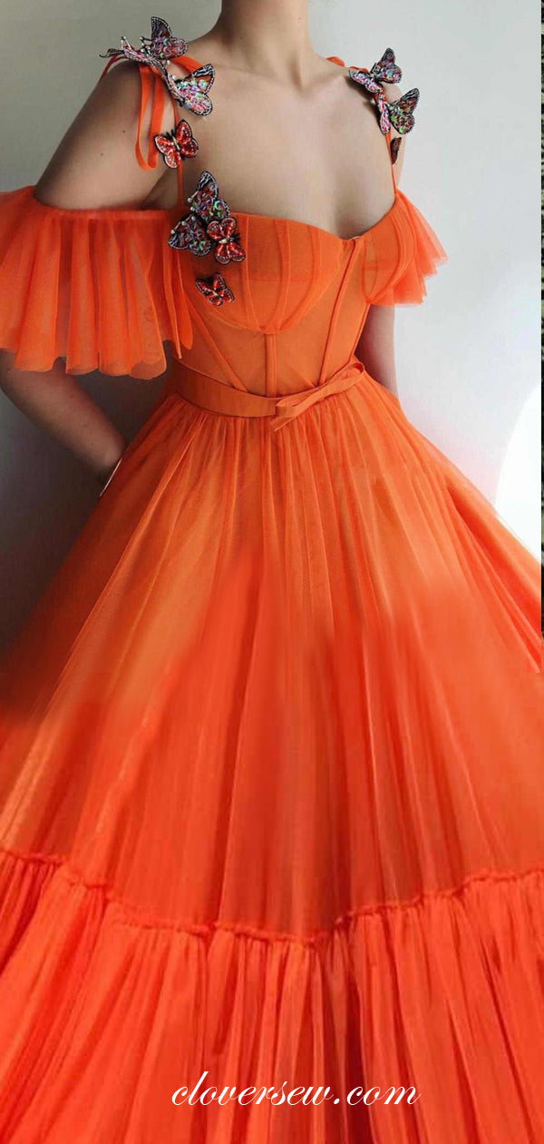 Orange Tulle Off The Shoulder Butterfly Applique Fashion Prom Dresses , CP0498