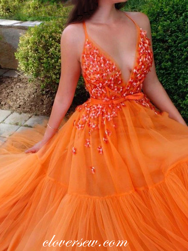 Orange 3D Applique Tulle Sleeveless A-line Prom Dresses,CP0149
