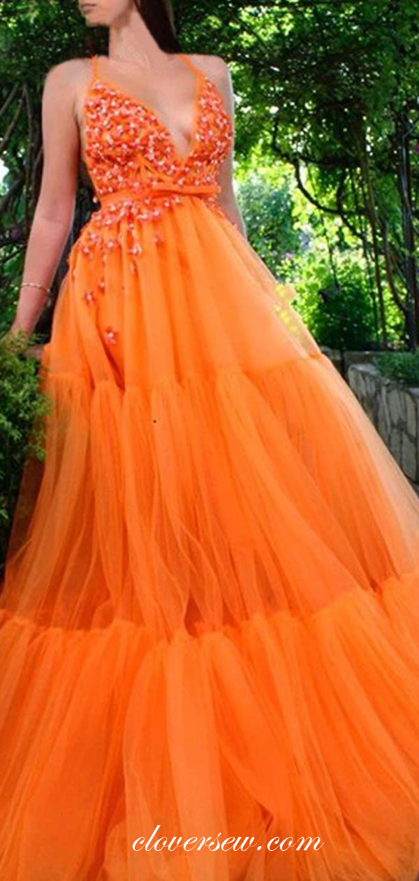 Orange 3D Applique Tulle Sleeveless A-line Prom Dresses,CP0149