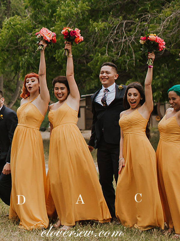 Orange Chiffon Mismatched Side Slit Long Bridesmaid Dresses, CB0047