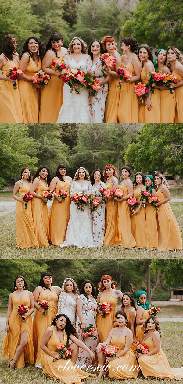 Orange Chiffon Mismatched Side Slit Long Bridesmaid Dresses, CB0047