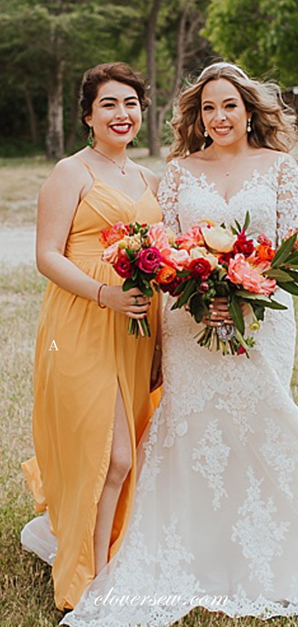 Orange Chiffon Mismatched Side Slit Cheap Long Bridesmaid Dresses, CB0047