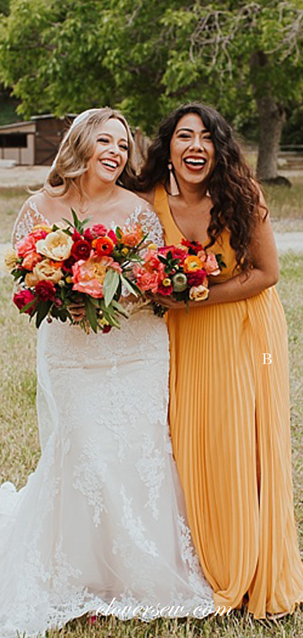 Orange Chiffon Mismatched Side Slit Cheap Long Bridesmaid Dresses, CB0047