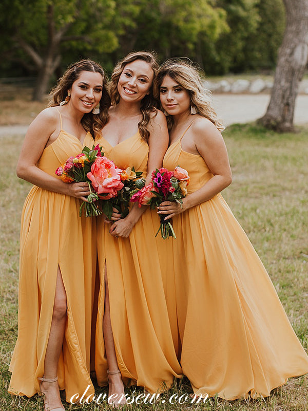 Orange Chiffon Mismatched Side Slit Long Bridesmaid Dresses, CB0047