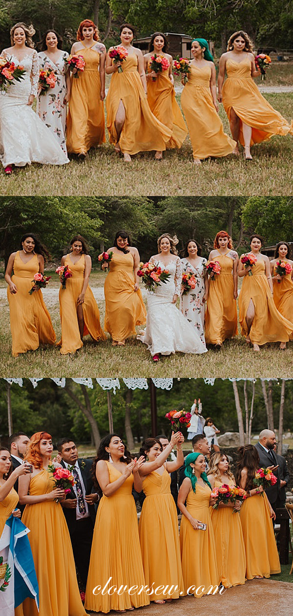 Orange Chiffon Mismatched Side Slit Long Bridesmaid Dresses, CB0047