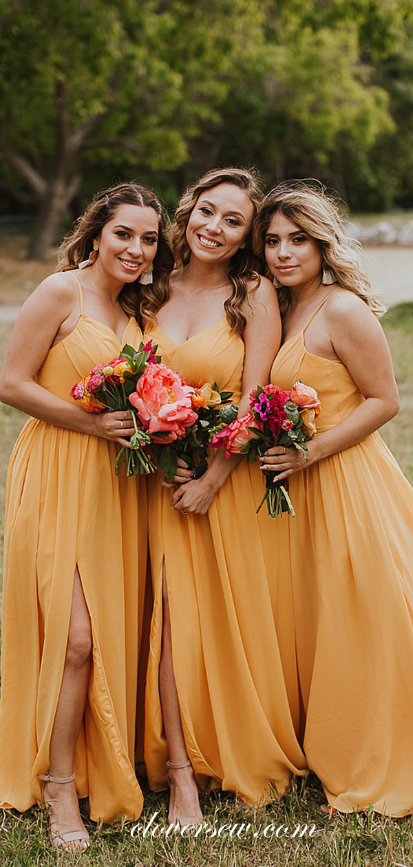 Orange Chiffon Mismatched Side Slit Cheap Long Bridesmaid Dresses, CB0047