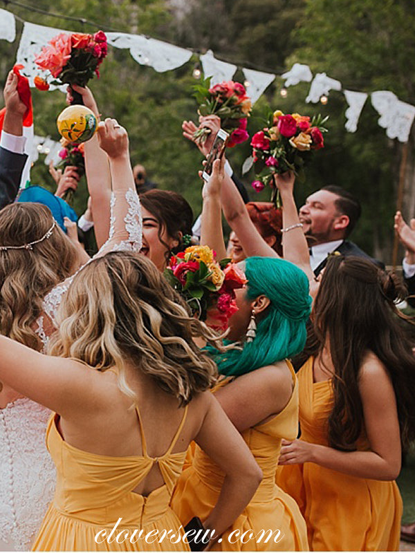 Orange Chiffon Mismatched Side Slit Long Bridesmaid Dresses, CB0047