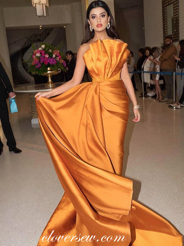 Orange Satin Pleat Strapless Sheath Prom Dresses,CP0206