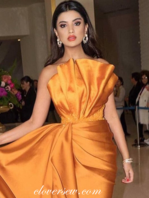 Orange Satin Pleat Strapless Sheath Prom Dresses,CP0206