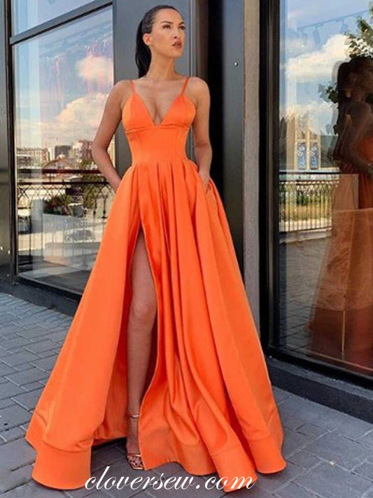 Orange Satin V-neck Side Slit High Waist With Pocket Prom Dresses ,CP0343