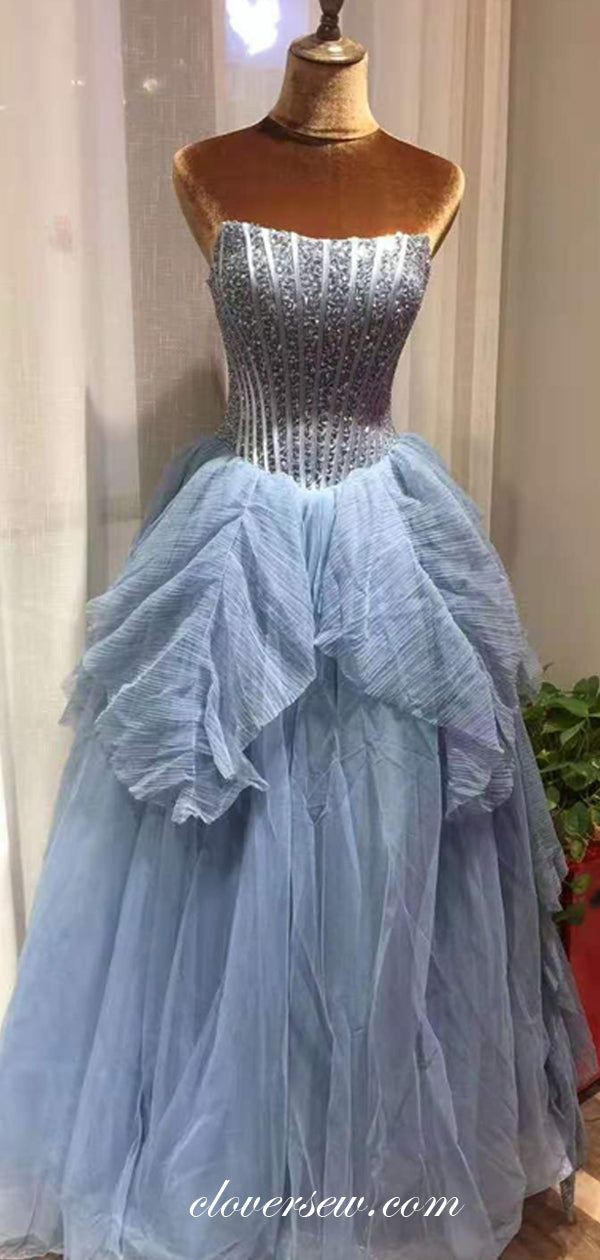Pale Blue Bead Strapless Ball Gown Fashion Prom Dresses, CP0660