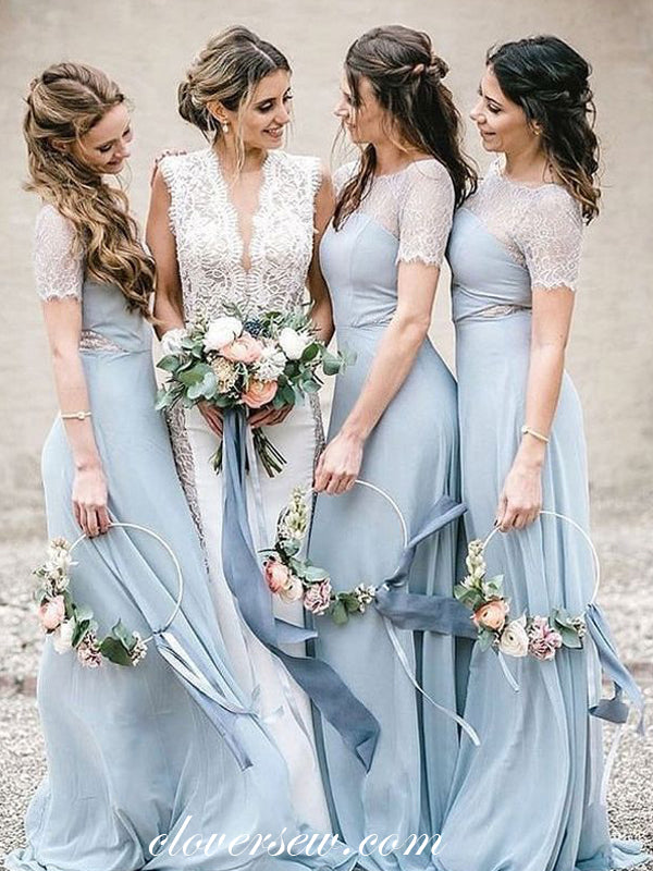 Pale Blue Chiffon Lace Short Sleeves Column Long Bridesmaid Dresses,CB0145