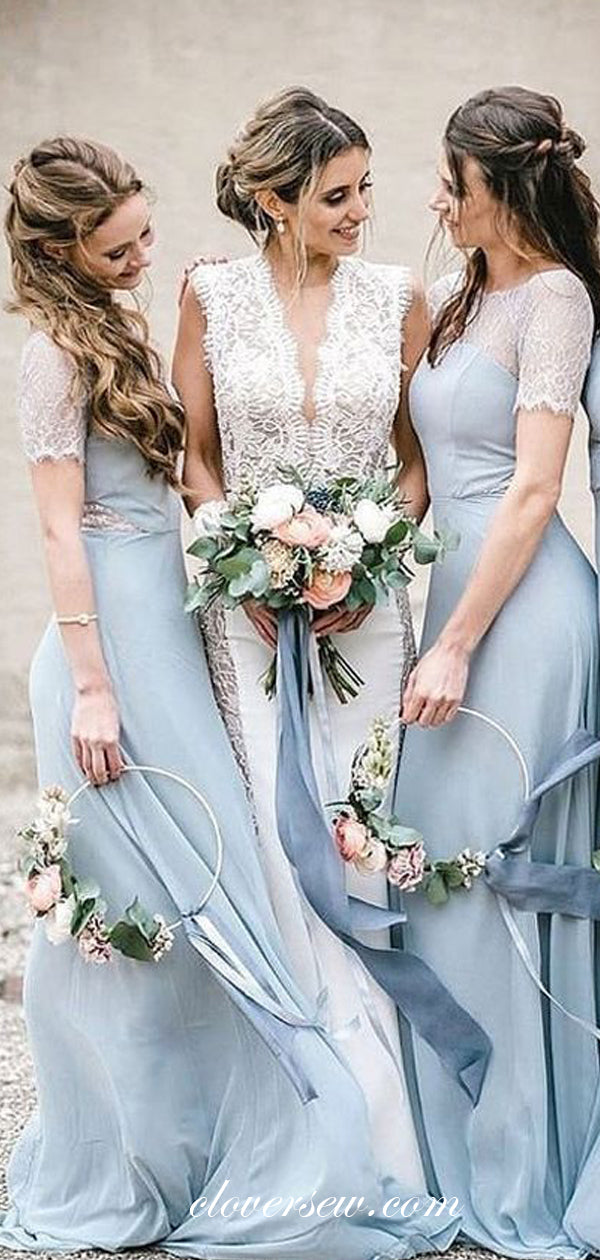 Pale Blue Chiffon Lace Short Sleeves Column Long Bridesmaid Dresses,CB0145