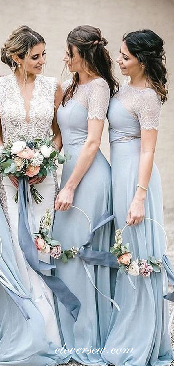 Pale Blue Chiffon Lace Short Sleeves Column Long Bridesmaid Dresses,CB0145