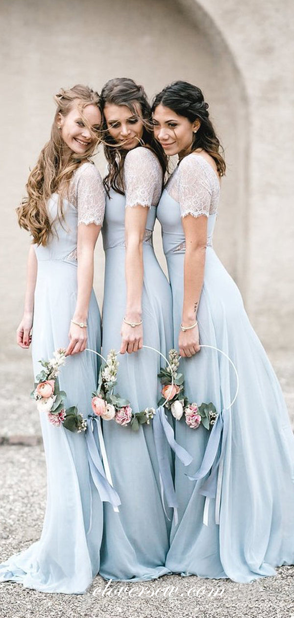 pale blue dresses for weddings Pale Blue Chiffon Lace Short Sleeves Column Long Bridesmaid Dresses,CB0145 US6 / Custom Color(leaving a note)