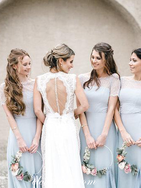Pale Blue Chiffon Lace Short Sleeves Column Long Bridesmaid Dresses,CB0145