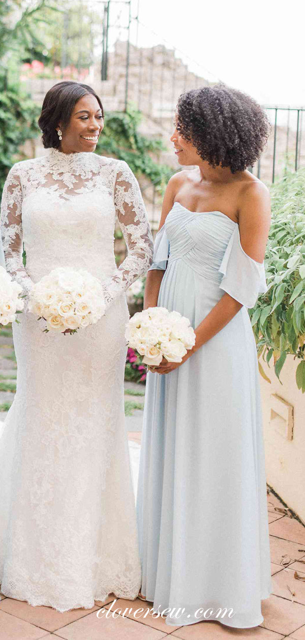 Pale Blue Chiffon Off The Shoulder A-line Bridesmaid Dresses, CB0184