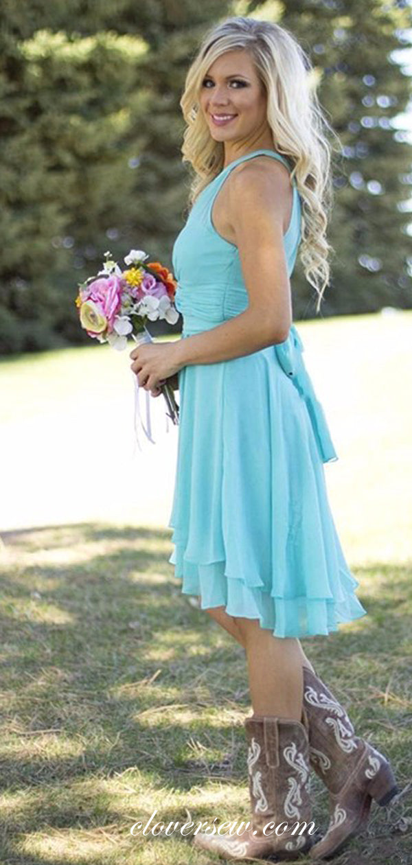 Pale Blue Chiffon Pleating Waistline A-line Short Bridesmaid Dresses,CB0143
