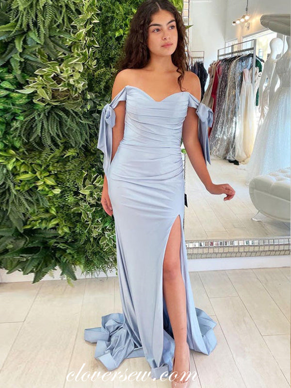 Pale Blue Elastic Satin Convertible Strap Column With Side Slit Prom Dresses, CP0935