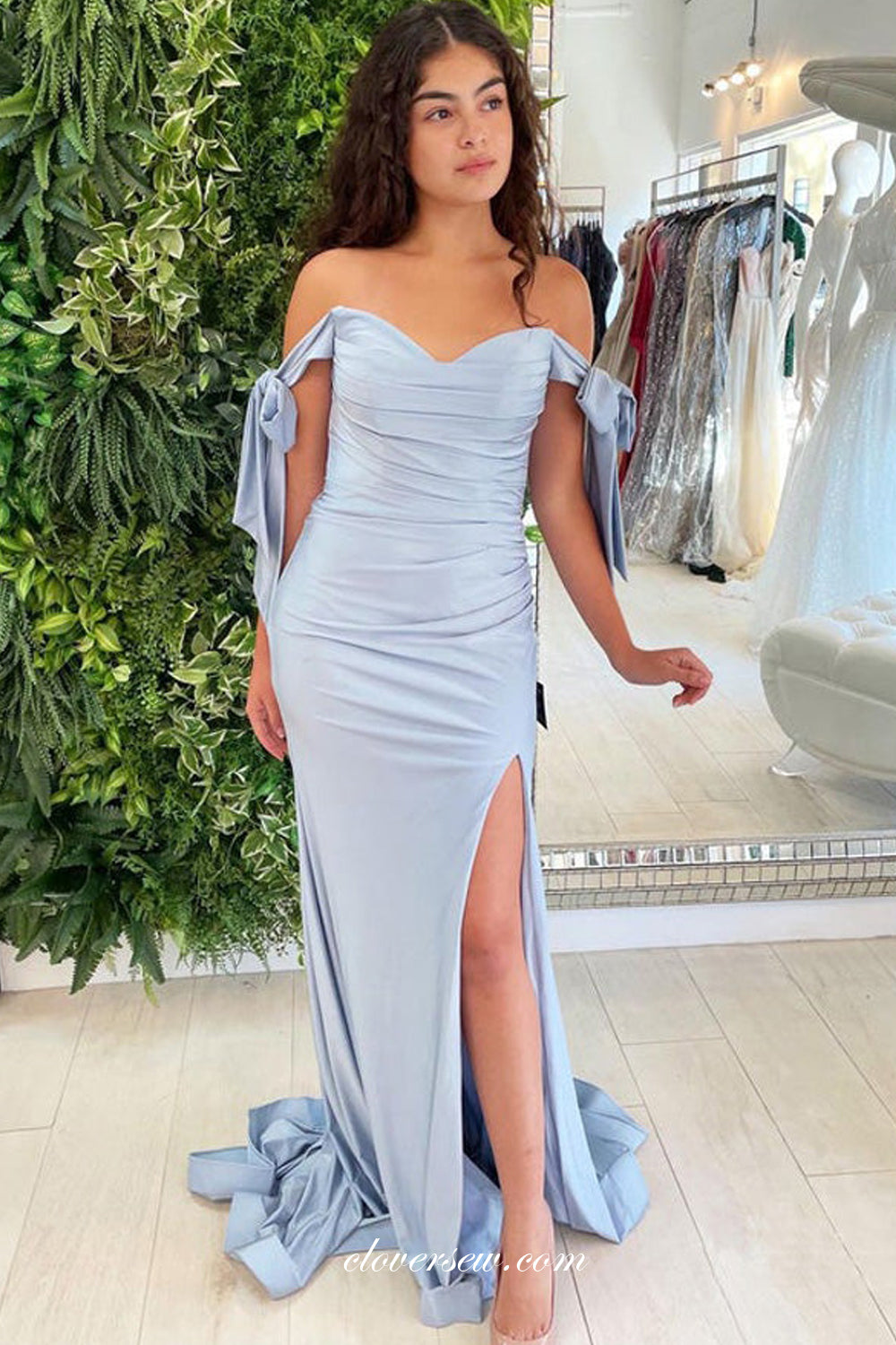 Pale Blue Elastic Satin Convertible Strap Column With Side Slit Prom Dresses, CP0935