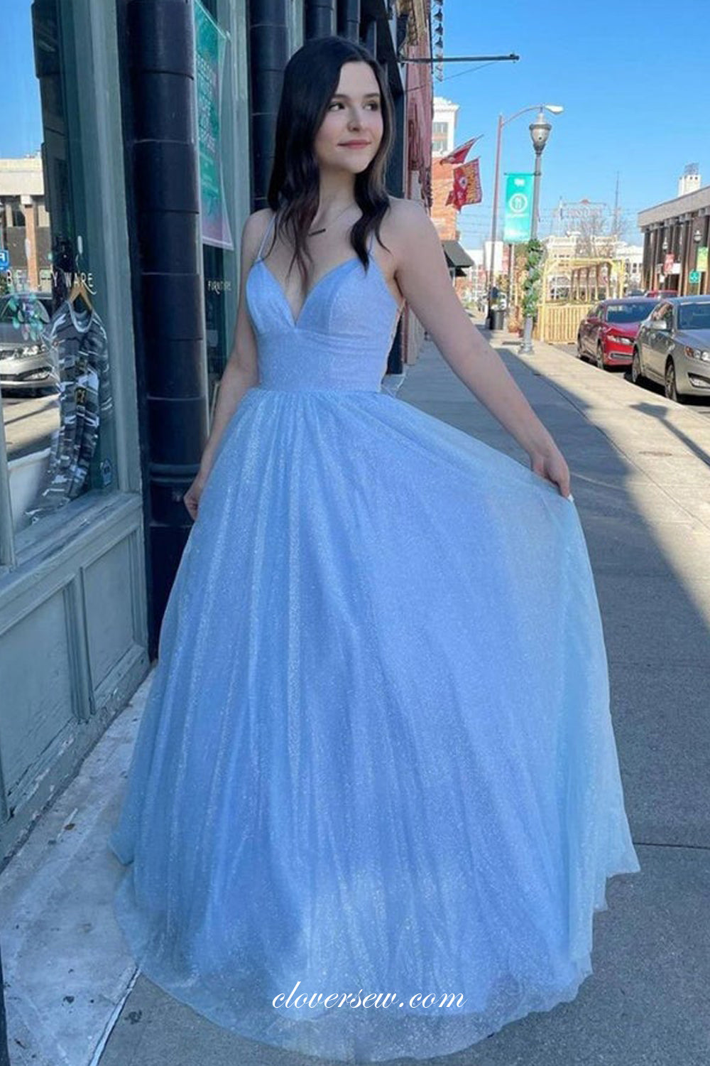 Pale Blue Glitter Tulle Spaghetti Strap A-line Prom Dresses For Teens, CP0824 Pale Blue Glitter Tulle Spaghetti Strap A-line Prom Dresses For Teens, CP0824