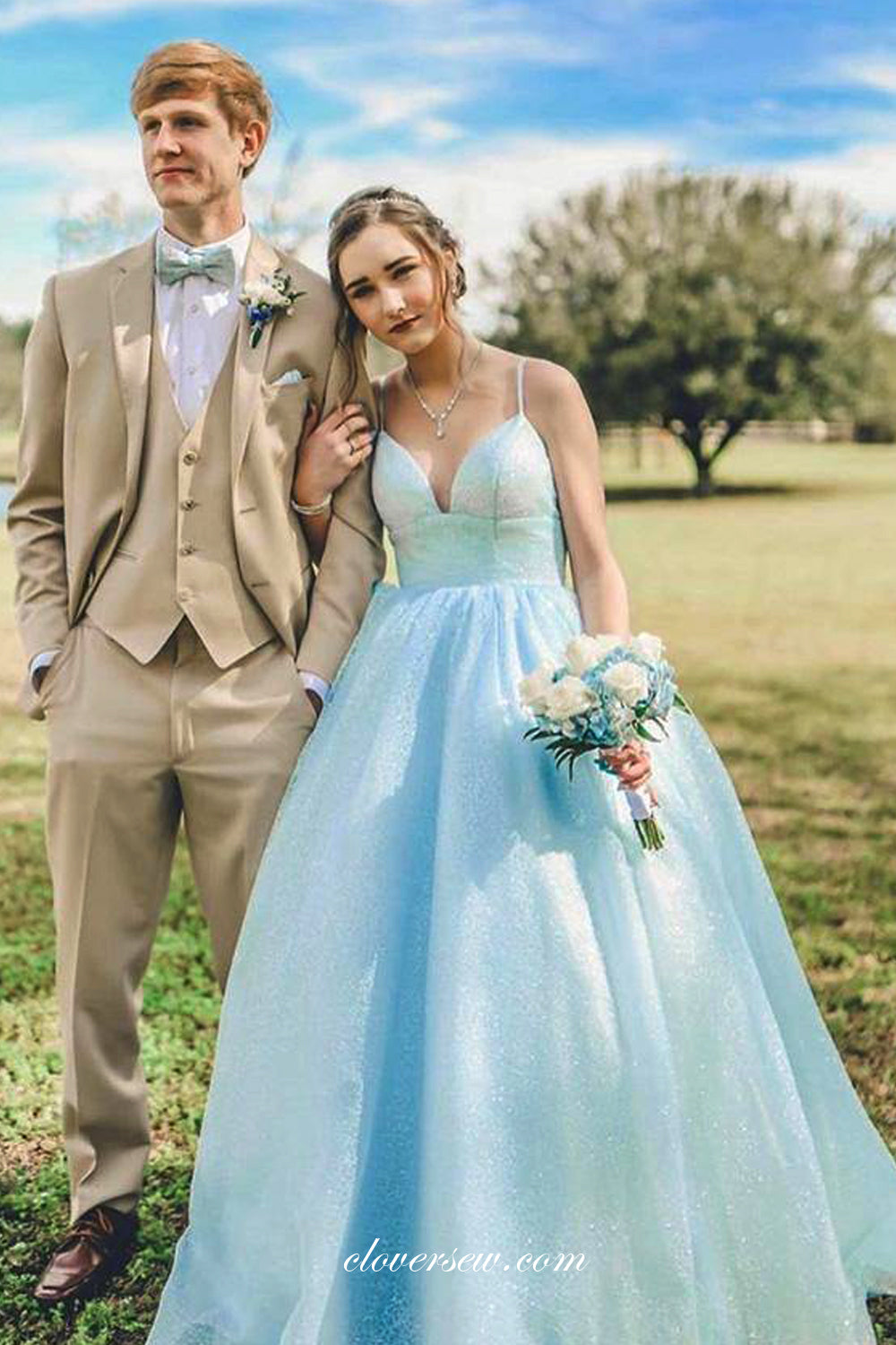 Pale Blue Glitter Tulle Spaghetti Strap A-line Prom Dresses For Teens, CP0824