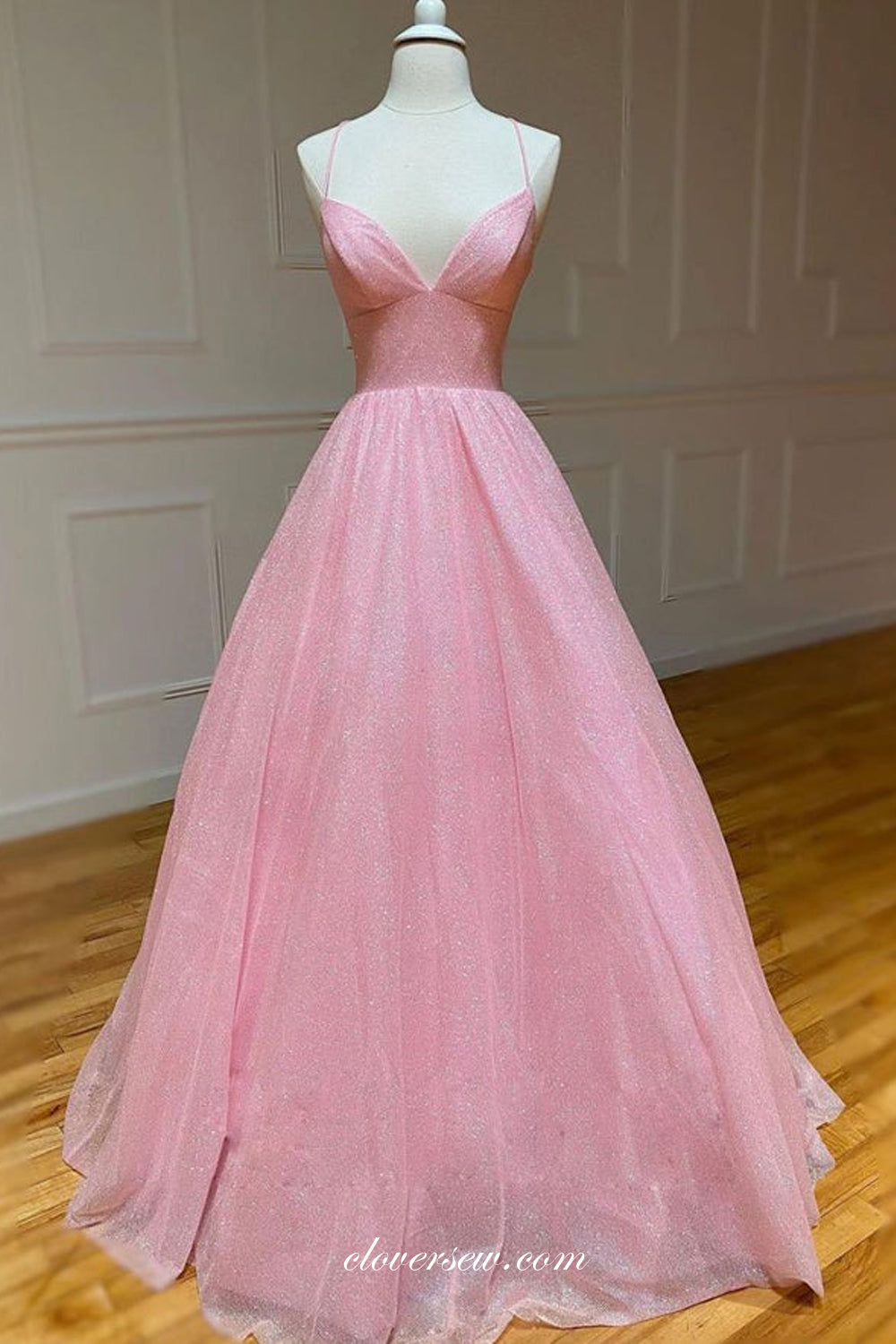 Pale Blue Glitter Tulle Spaghetti Strap A-line Prom Dresses For Teens, CP0824