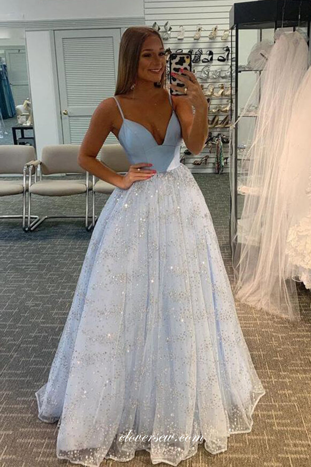 Pale Blue Glitter Tulle Spaghetti Strap Prom Dresses For Teens, CP0813