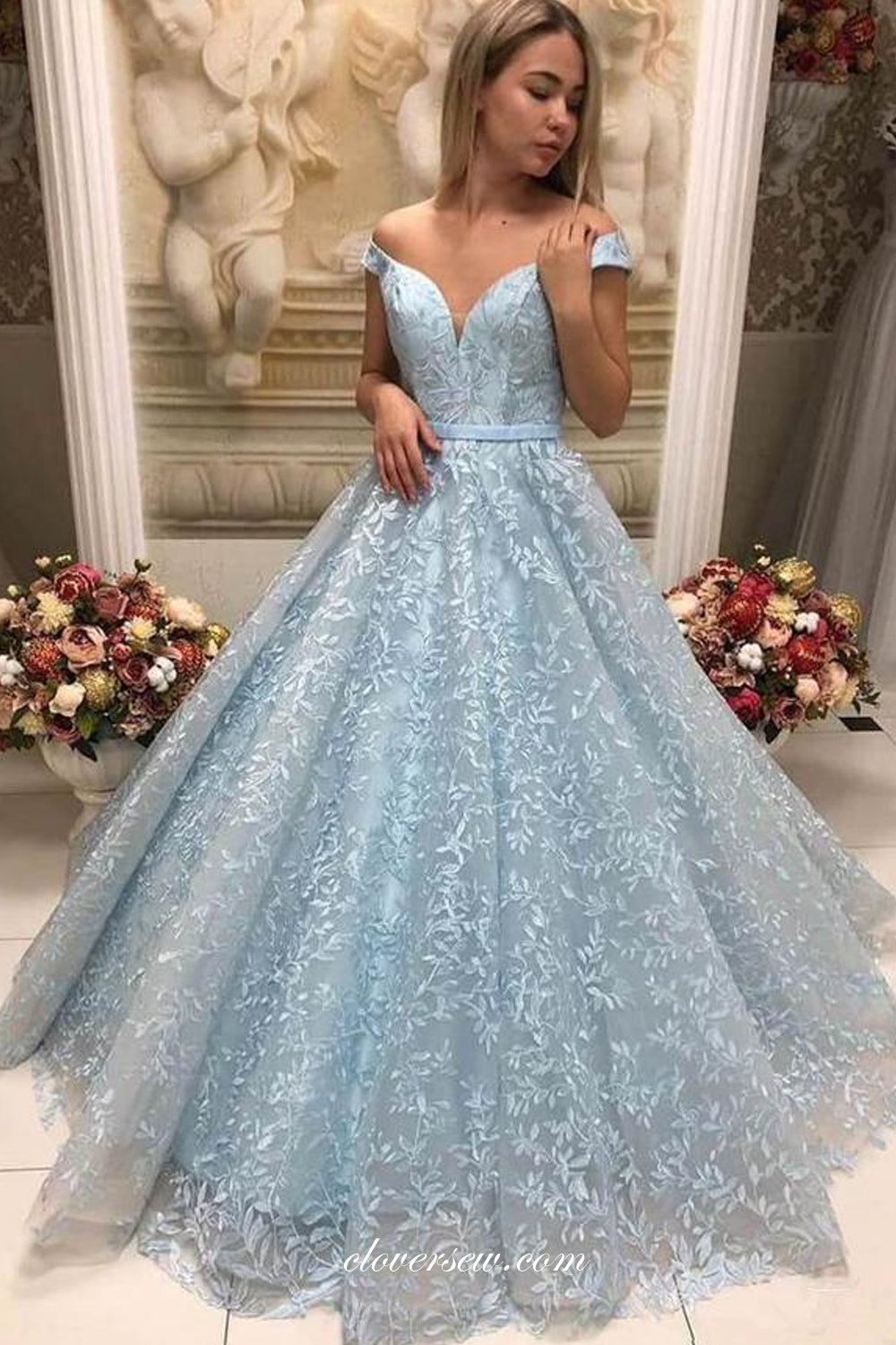 Pale Blue Lace Off The Shoulder A-line Prom Dresses For Teens, CP0748 clover sew Pale Blue Lace Off The Shoulder A-line Prom Dresses For Teens, CP0748 clover sew