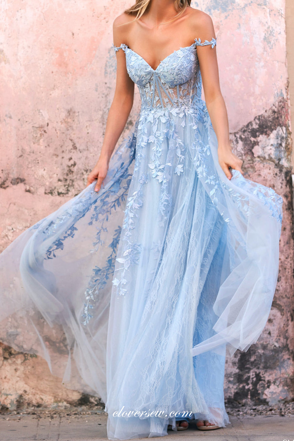 Pale Blue Off The Shoulder Lace Applique Prom Dresses, CP0809 clover sew Pale Blue Off The Shoulder Lace Applique Prom Dresses, CP0809 clover sew