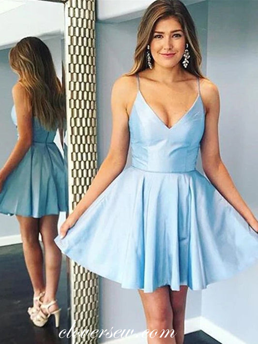 Pale Blue Satin Spaghetti Strap Short Homecoming Dresses, CH0014