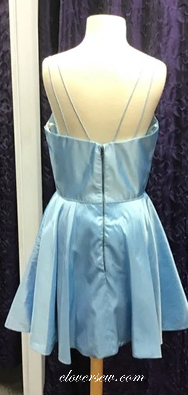 Pale Blue Satin Spaghetti Strap Short Homecoming Dresses, CH0014