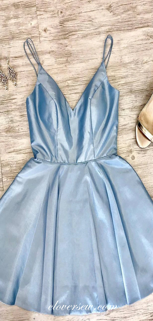 Pale Blue Satin Spaghetti Strap Short Homecoming Dresses, CH0014