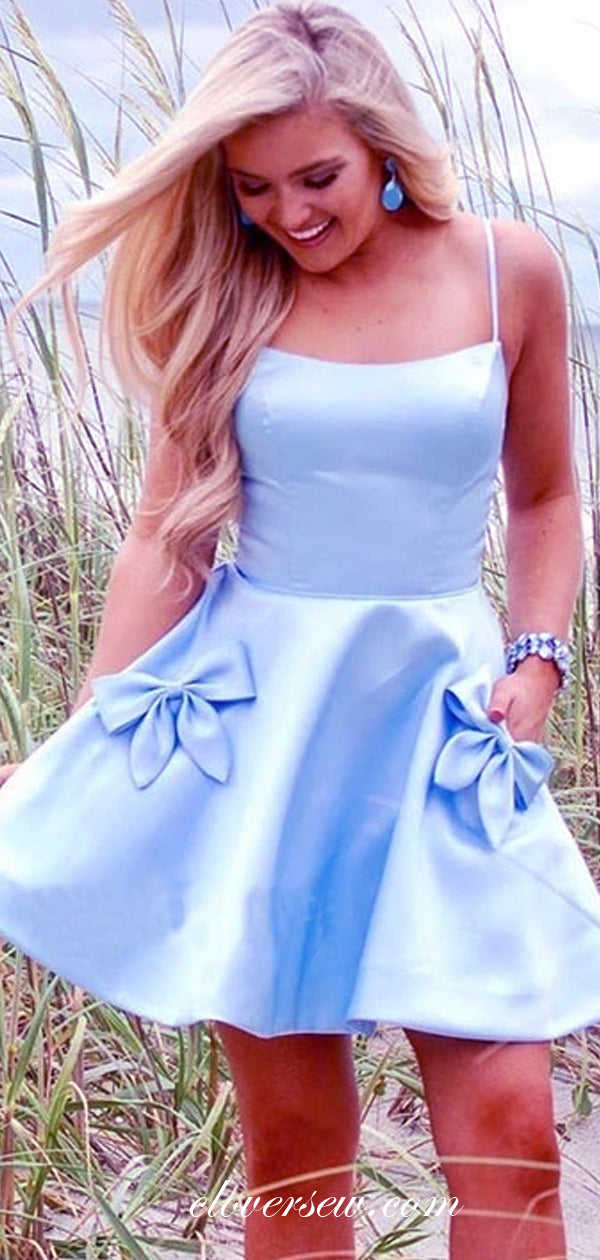 Pale Blue Satin With Bowknot Pocket Short Homecoming Dresses, CH0016